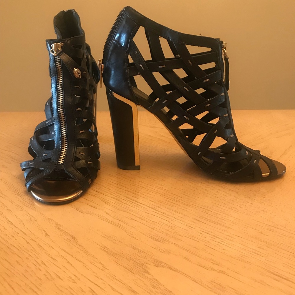 Black Caged Sandal with Gold Metal Detail